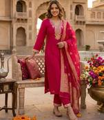 Rani-pink silk blend embroidered kurta set