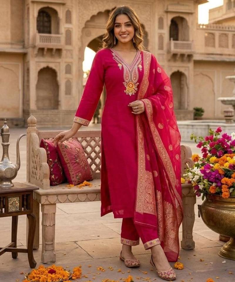 Rani-pink silk blend embroidered kurta set
