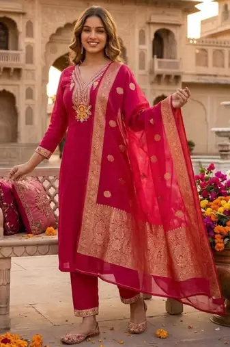 Rani-pink silk blend embroidered kurta set