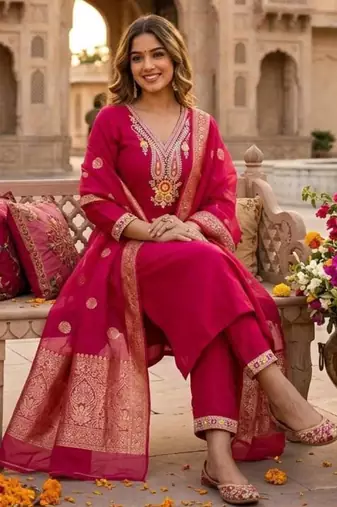 Rani-pink silk blend embroidered kurta set
