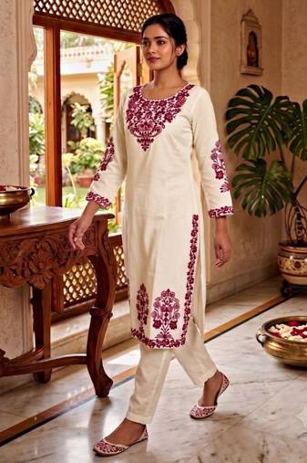 White cotton poly embroidered kurta set