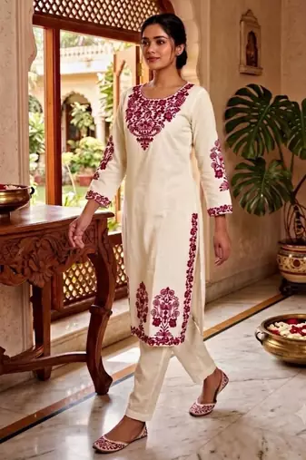 White cotton poly embroidered kurta set