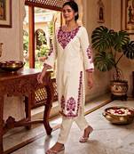 White cotton poly embroidered kurta set
