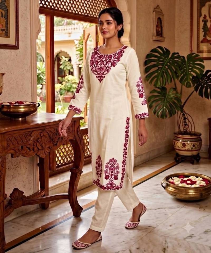 White cotton poly embroidered kurta set