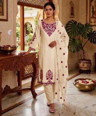 White cotton poly embroidered kurta set 2