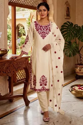 White cotton poly embroidered kurta set