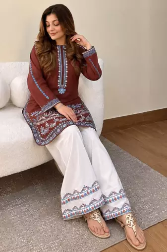 Brown crepe embroidered palazzo set