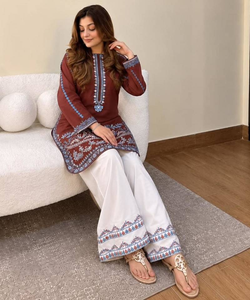 Brown crepe embroidered palazzo set