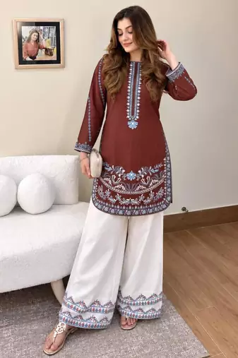 Brown crepe embroidered palazzo set