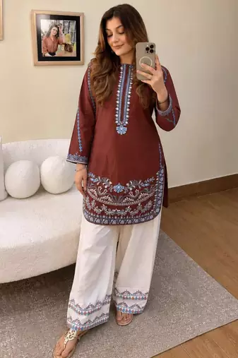 Brown crepe embroidered palazzo set