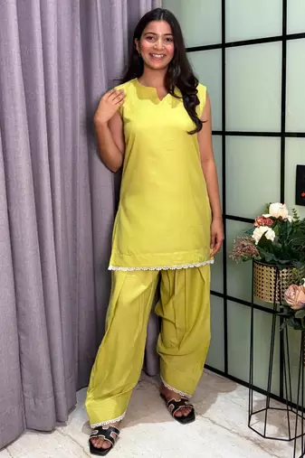 Lime cotton poly lace farshi salwar set