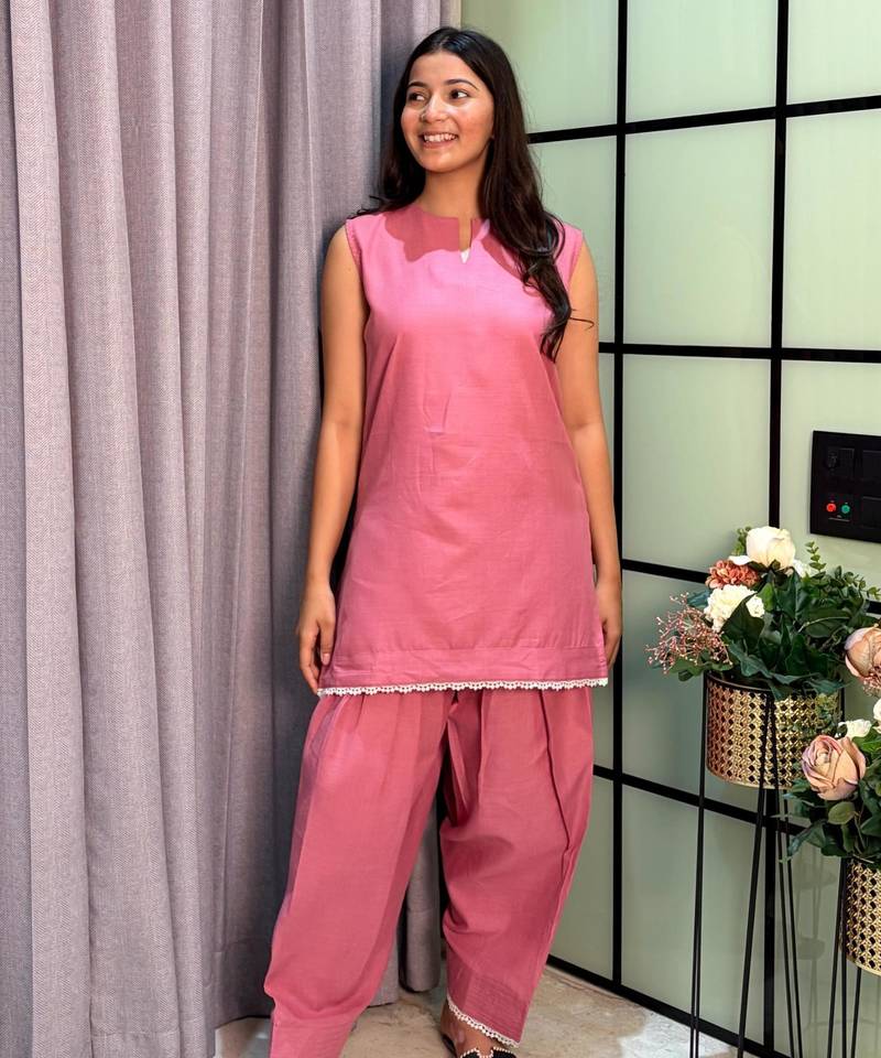 Pink cotton poly lace farshi salwar set