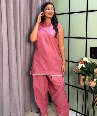 Pink cotton poly lace farshi salwar set 3