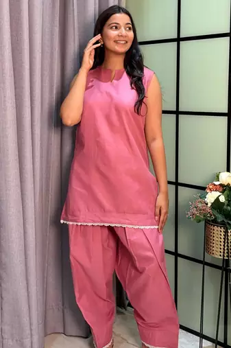 Pink cotton poly lace farshi salwar set