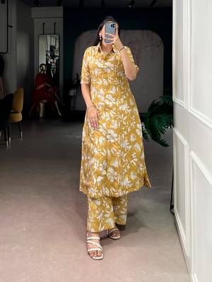 Yellow chanderi printed kurta set 1