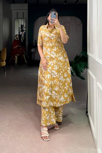 Yellow chanderi printed kurta set