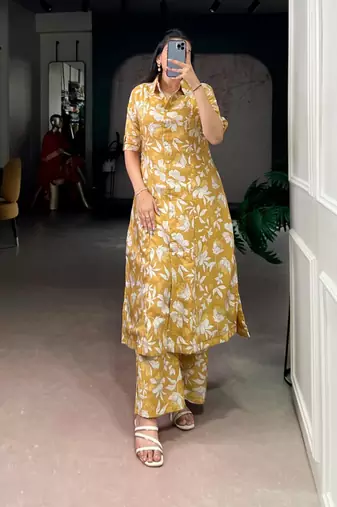 Yellow chanderi printed kurta set