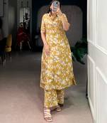 Yellow chanderi printed kurta set