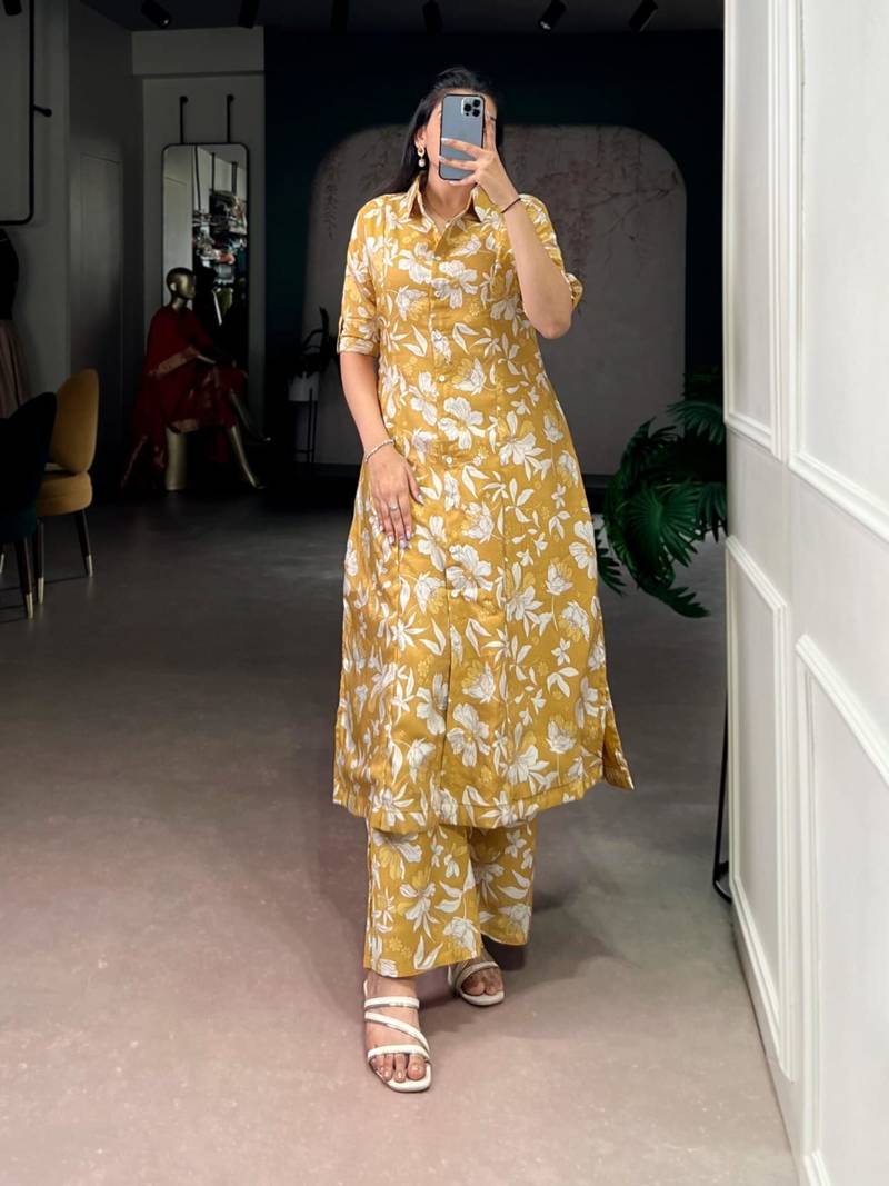 Yellow chanderi printed kurta set