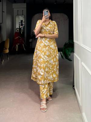 Yellow chanderi printed kurta set 2