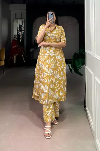 Yellow chanderi printed kurta set