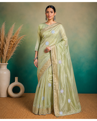 Pista Green Embroidery Floral Moti Beats Work And Gold Span (Organza) Fabric Saree With Unstitched Blouse  1
