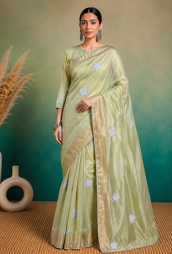 Pista Green Embroidery Floral Moti Beats Work And Gold Span (Organza) Fabric Saree With Unstitched Blouse 