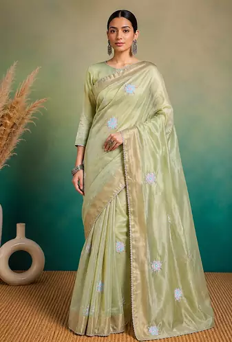 Pista Green Embroidery Floral Moti Beats Work And Gold Span (Organza) Fabric Saree With Unstitched Blouse 