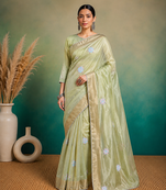 Pista Green Embroidery Floral Moti Beats Work And Gold Span (Organza) Fabric Saree With Unstitched Blouse 