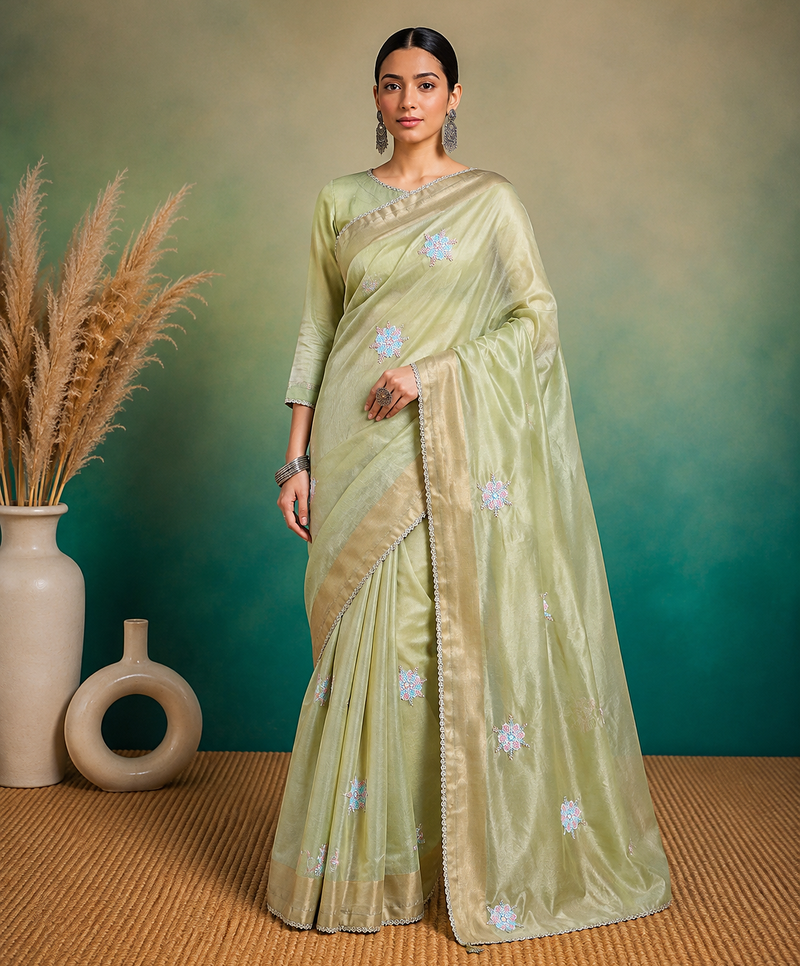 Pista Green Embroidery Floral Moti Beats Work And Gold Span (Organza) Fabric Saree With Unstitched Blouse 