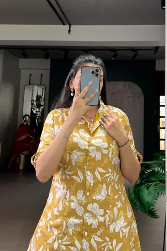 Yellow chanderi printed kurta set