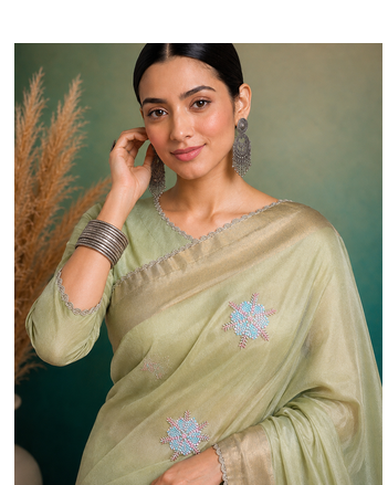Pista Green Embroidery Floral Moti Beats Work And Gold Span (Organza) Fabric Saree With Unstitched Blouse  2