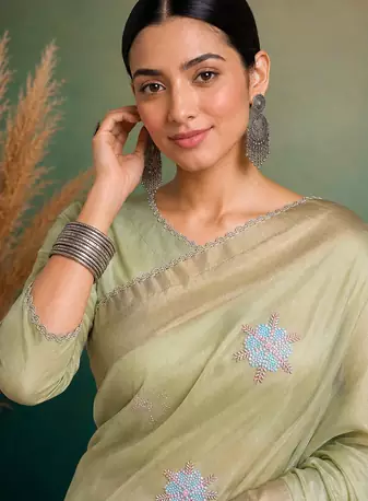 Pista Green Embroidery Floral Moti Beats Work And Gold Span (Organza) Fabric Saree With Unstitched Blouse 