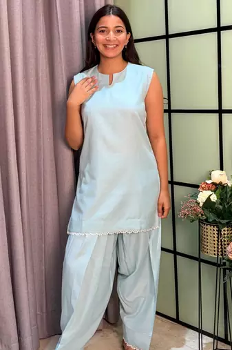 Light-blue cotton poly lace farshi salwar set