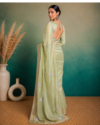 Pista Green Embroidery Floral Moti Beats Work And Gold Span (Organza) Fabric Saree With Unstitched Blouse  3
