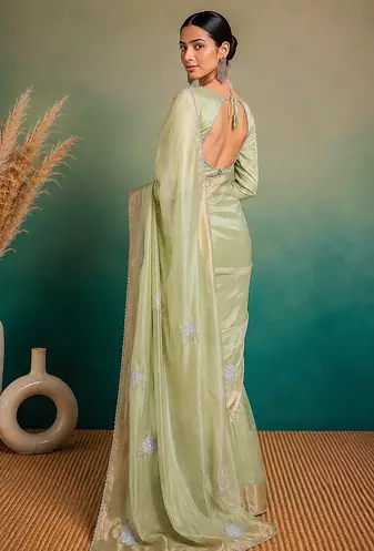 Pista Green Embroidery Floral Moti Beats Work And Gold Span (Organza) Fabric Saree With Unstitched Blouse 