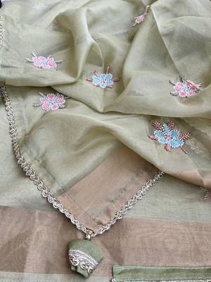 Pista Green Embroidery Floral Moti Beats Work And Gold Span (Organza) Fabric Saree With Unstitched Blouse  4