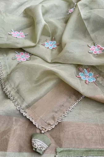 Pista Green Embroidery Floral Moti Beats Work And Gold Span (Organza) Fabric Saree With Unstitched Blouse 