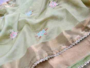 Pista Green Embroidery Floral Moti Beats Work And Gold Span (Organza) Fabric Saree With Unstitched Blouse  5