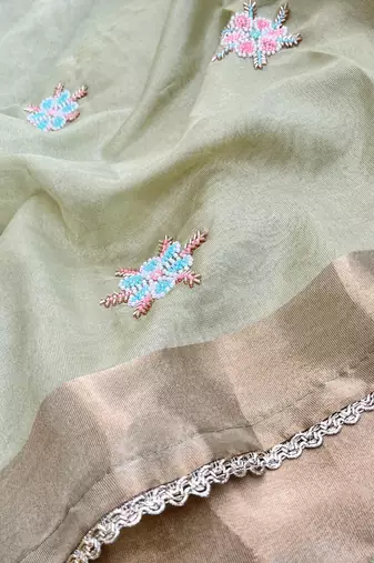 Pista Green Embroidery Floral Moti Beats Work And Gold Span (Organza) Fabric Saree With Unstitched Blouse 