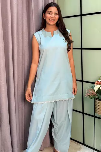 Light-blue cotton poly lace farshi salwar set