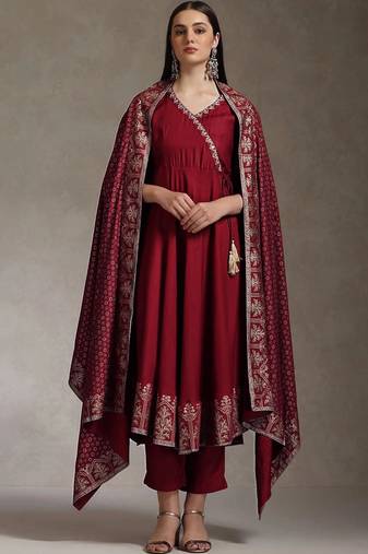 Maroon rayon printed kurta set