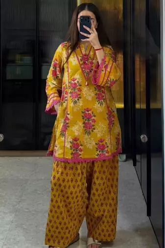 Yellow crepe printed farshi salwar set