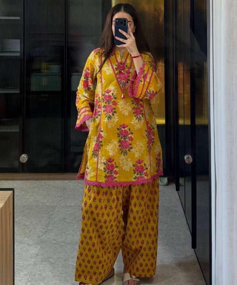 Yellow crepe printed farshi salwar set