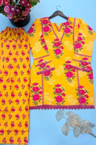 Yellow crepe printed farshi salwar set