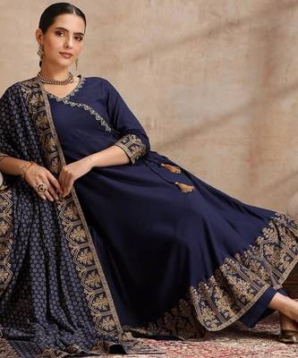 Navy-blue rayon embroidered kurta set 2