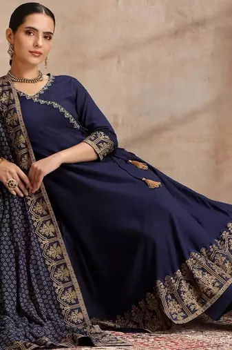 Navy-blue rayon embroidered kurta set