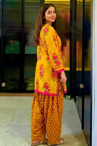 Yellow crepe printed farshi salwar set