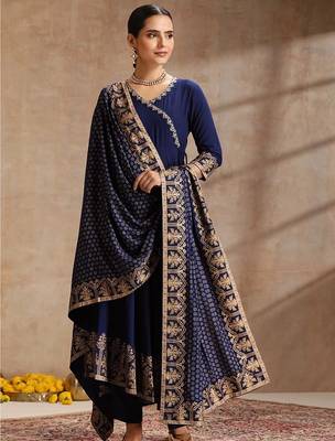 Navy-blue rayon embroidered kurta set 1