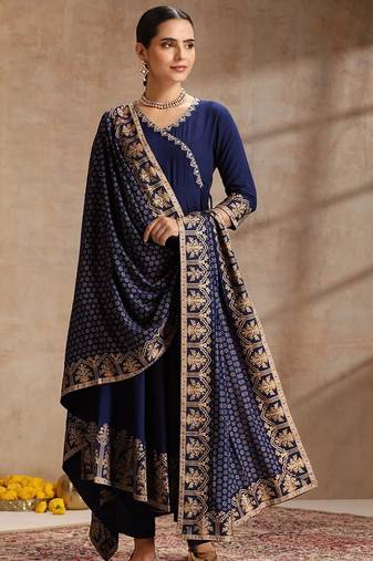Navy-blue rayon embroidered kurta set